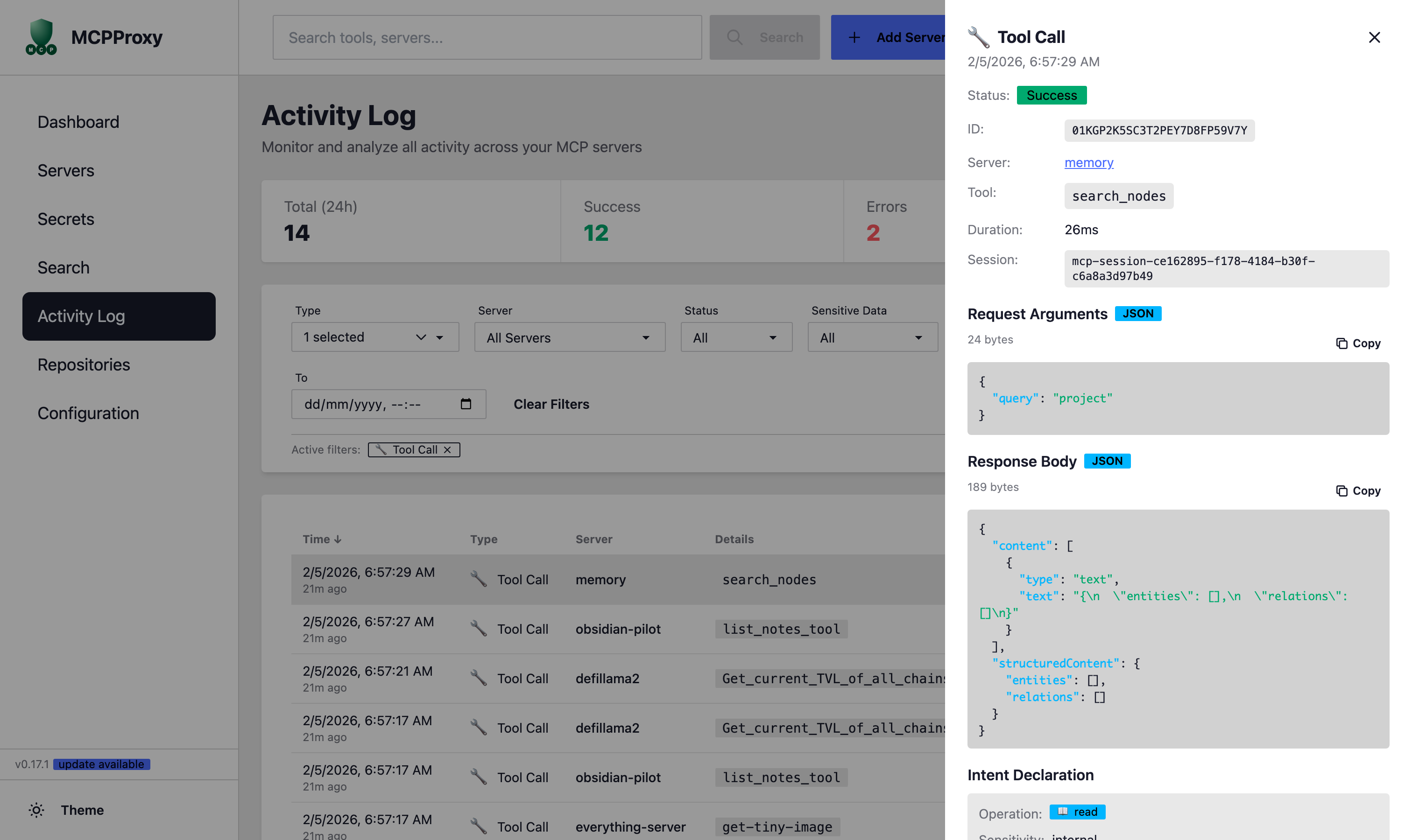 Activity Log - Tool Call Details
